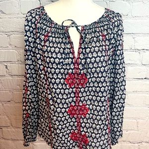 JCrew Blue & White Floral Blouse with Red Embroidery Detail